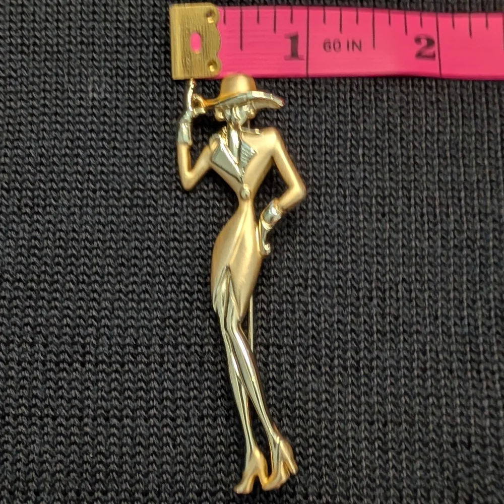 Vtg AJC Goldtone Brooch Pin Figural Stylish Woman Lady Shoulder Pads Fedora